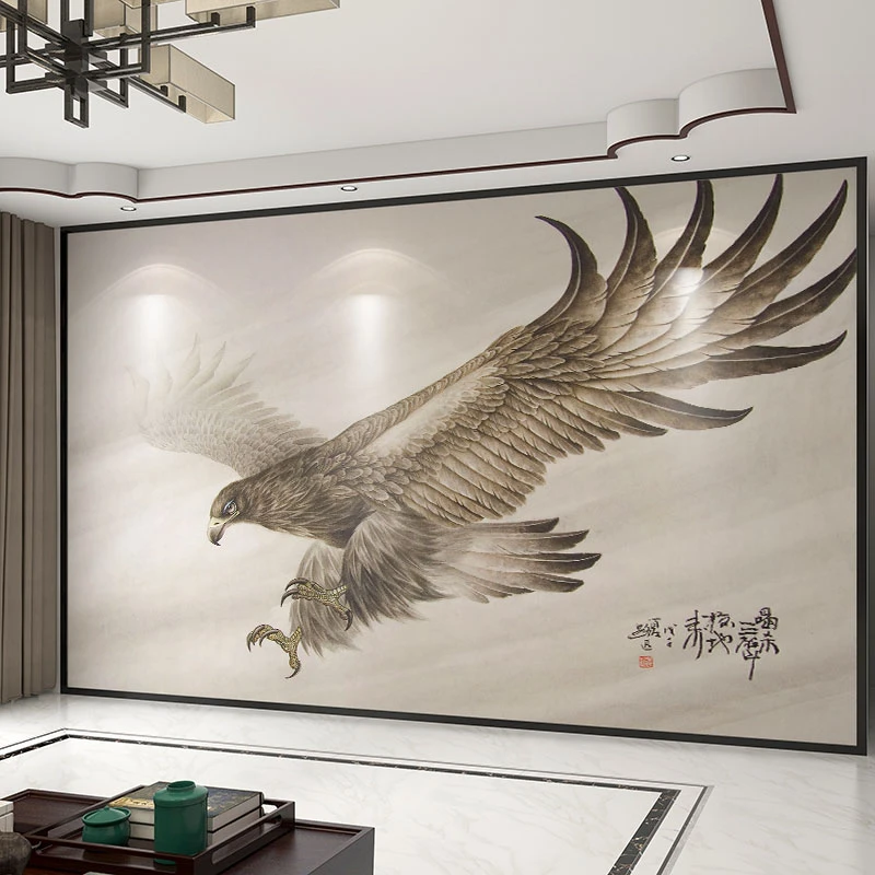 墙纸定制3d立体中式雄鹰山水电视背景墙壁纸客厅壁布卧室墙布壁画