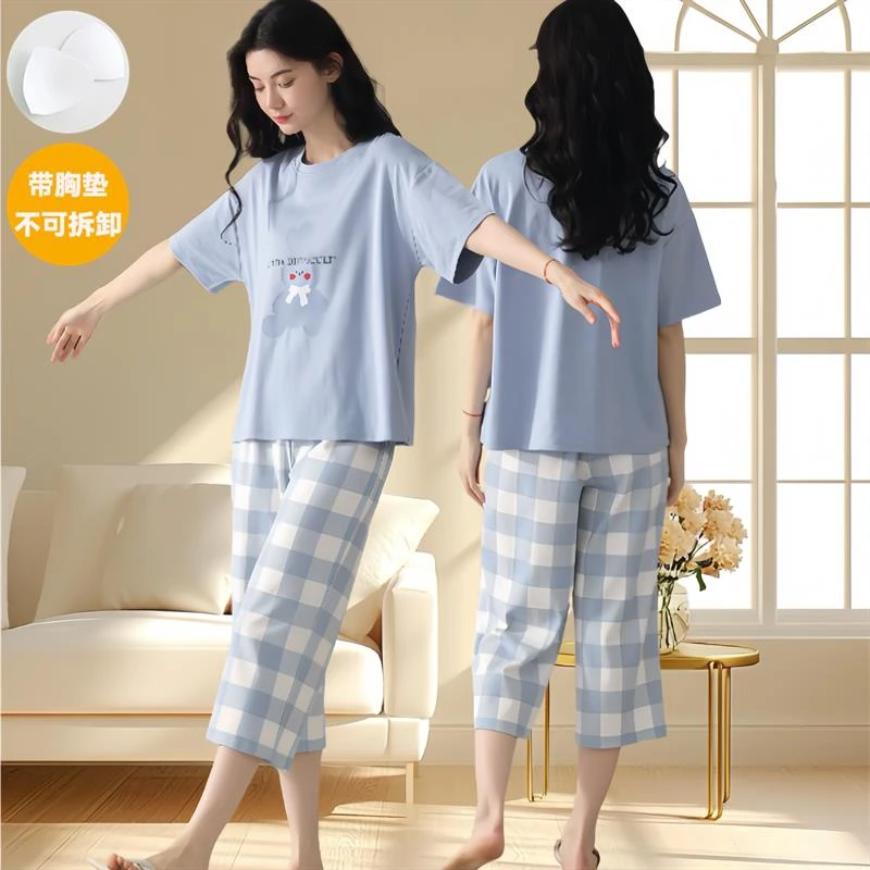浪芝棉2025新款带胸垫睡衣女夏季套装七分裤卡通可爱风夏天家居服