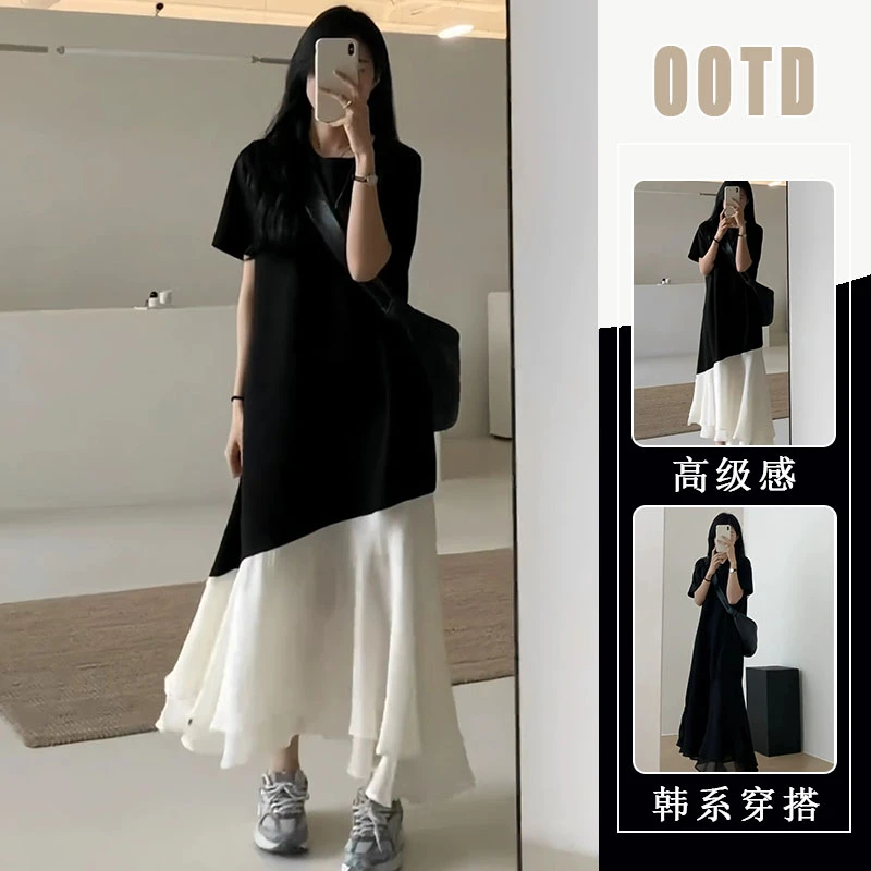 法式赫本风荷叶边短袖连衣裙女夏2025新款轻奢高级感气质鱼尾长裙