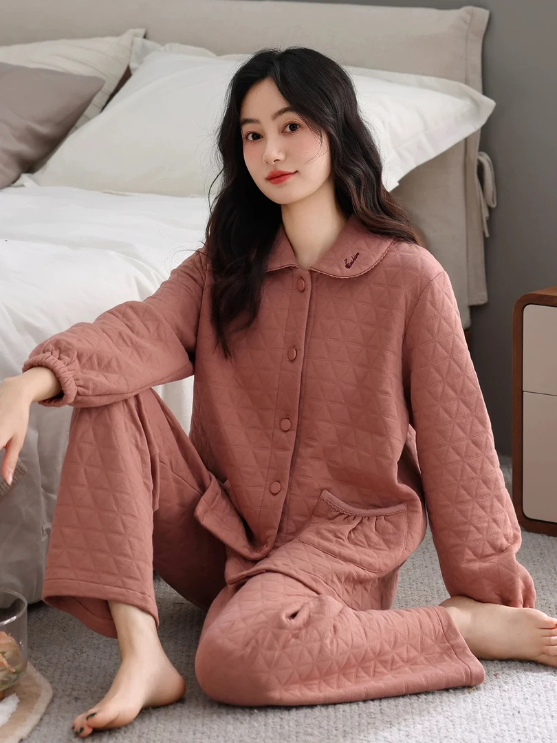 秋冬季加厚纯棉睡衣女中年妈妈全棉长袖家居服保暖薄夹棉夹层套装