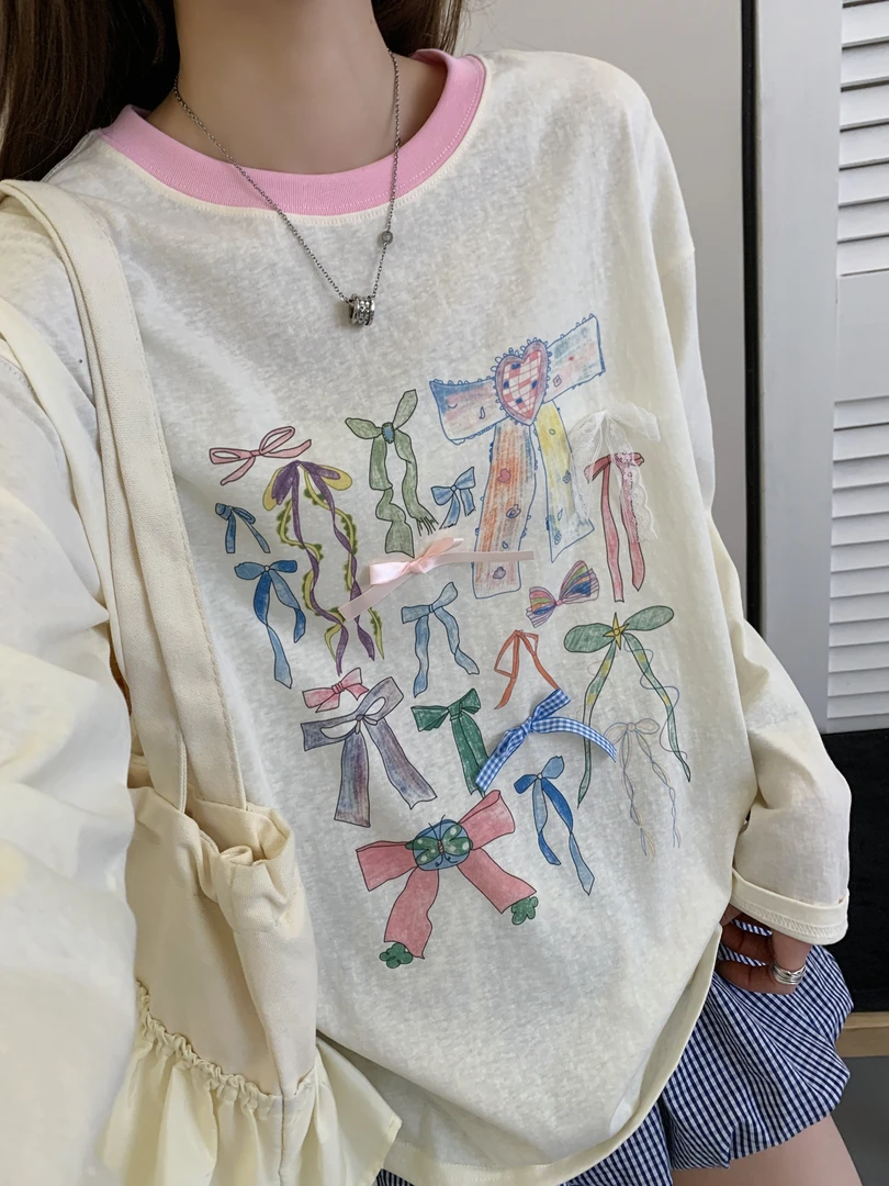 158的小肥 | “满印立体蝴蝶结”长袖可爱宽松短袖T恤上衣