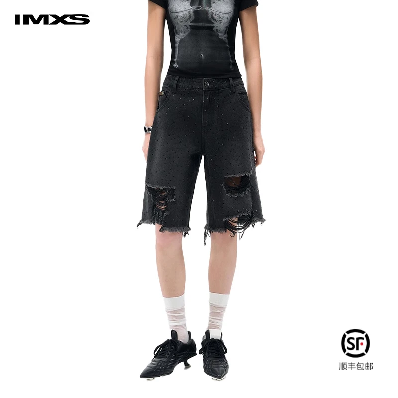 IMXS牛仔烫钻短裤潮牌高街毛边破洞黑色美式街头嘻哈宽松五分裤夏