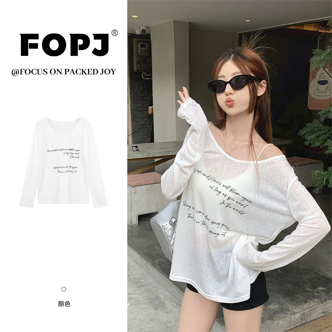 FOPJ夏季新款少女露肩慵懒风ins薄款防晒罩衫印花t恤长袖宽松休闲