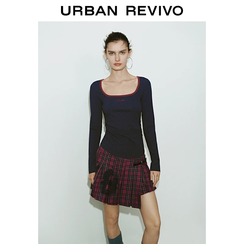 UR2025秋季新款女装撞色领口字母刺绣褶皱长袖T恤UYY450028