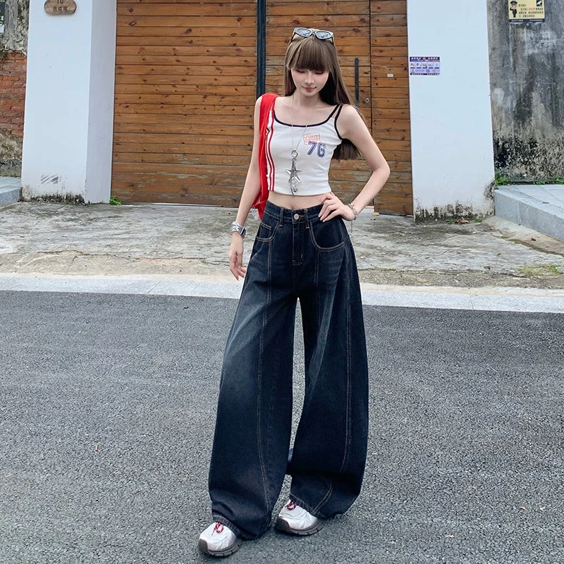 炸街潮流时尚弯刀牛仔裤女2025夏季高腰显瘦磨白阔腿拖地裤K00052