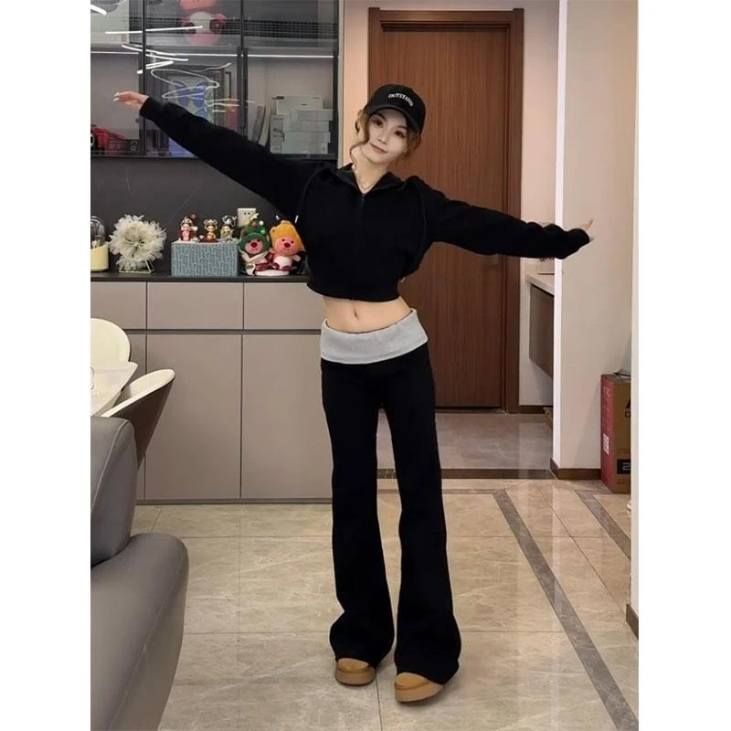 美式辣妹撞色微喇叭卫裤女冬季2024新款高腰修身显瘦拖地阔腿裤