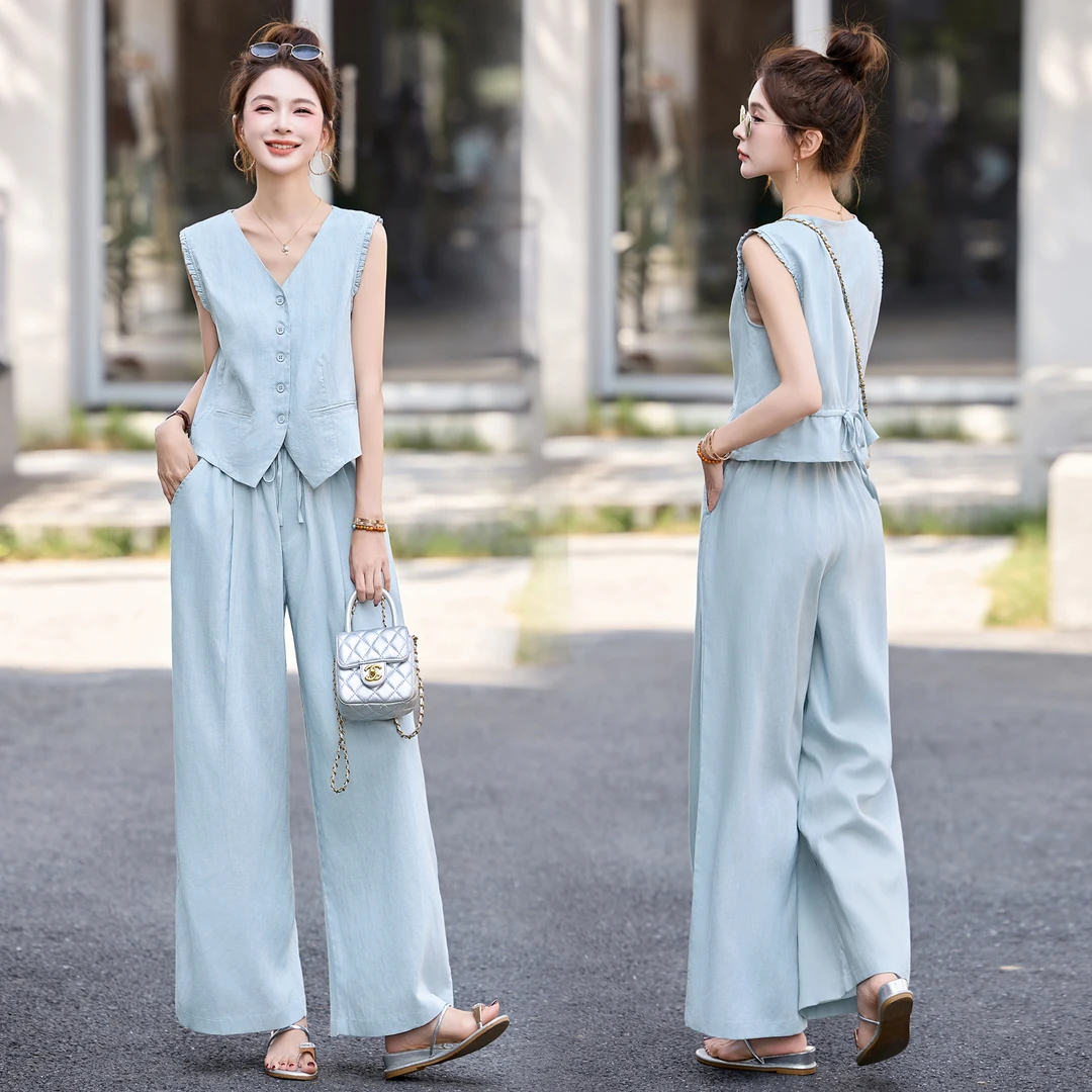 木耳边马甲时尚休闲套装女2025夏季简约无袖背心阔腿裤气质两件套