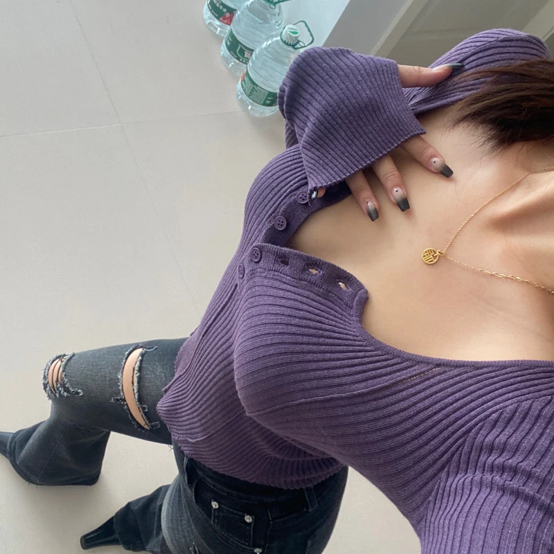 【Minminn专属】针织加厚宽纹路修身不规则下摆打底衫长袖