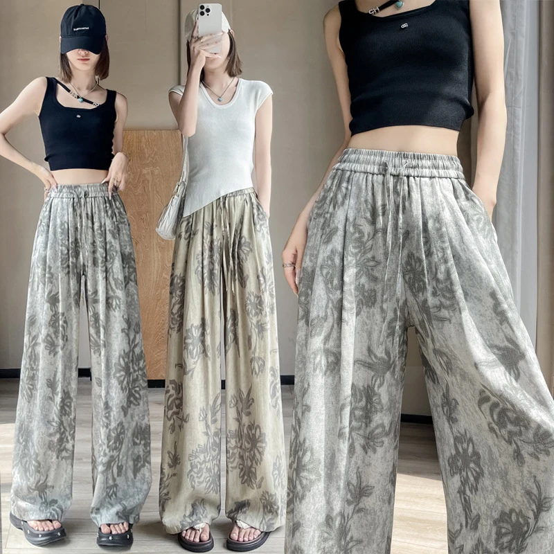 法式复古棉麻慵懒印花阔腿裤女夏季薄款宽松垂坠感遮肉显瘦休闲裤