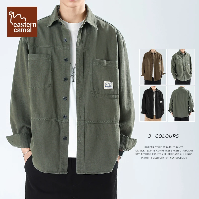 东方骆驼工装长袖衬衫男士夏季薄款2025新款宽松百搭休闲衬衣外套