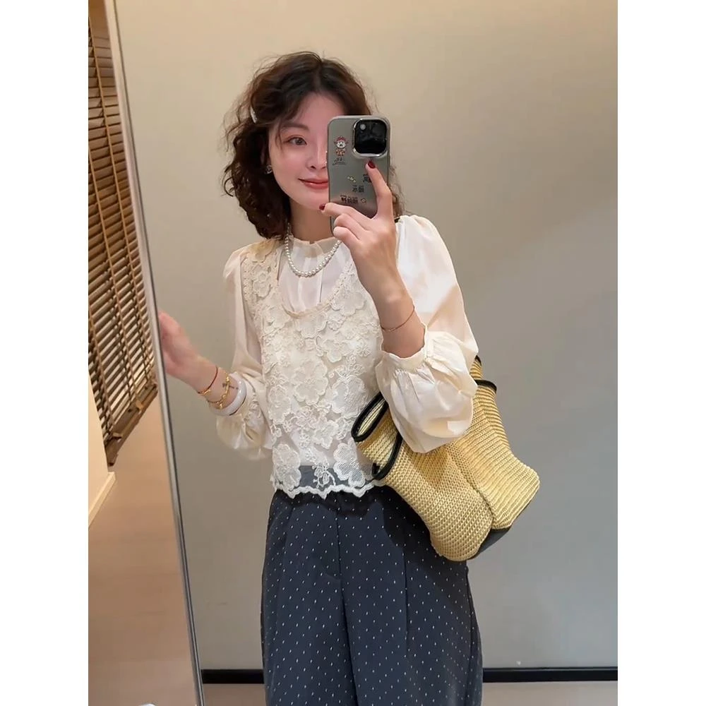 钩花蕾丝背心衬衫两件套上衣女减龄洋气套装女春季开春穿搭一整套