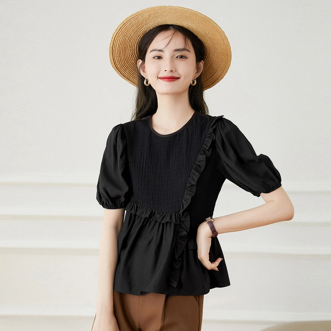 白鹿语夏季新款圆领泡泡袖气质通勤短袖女装衬衫上衣WYU36119