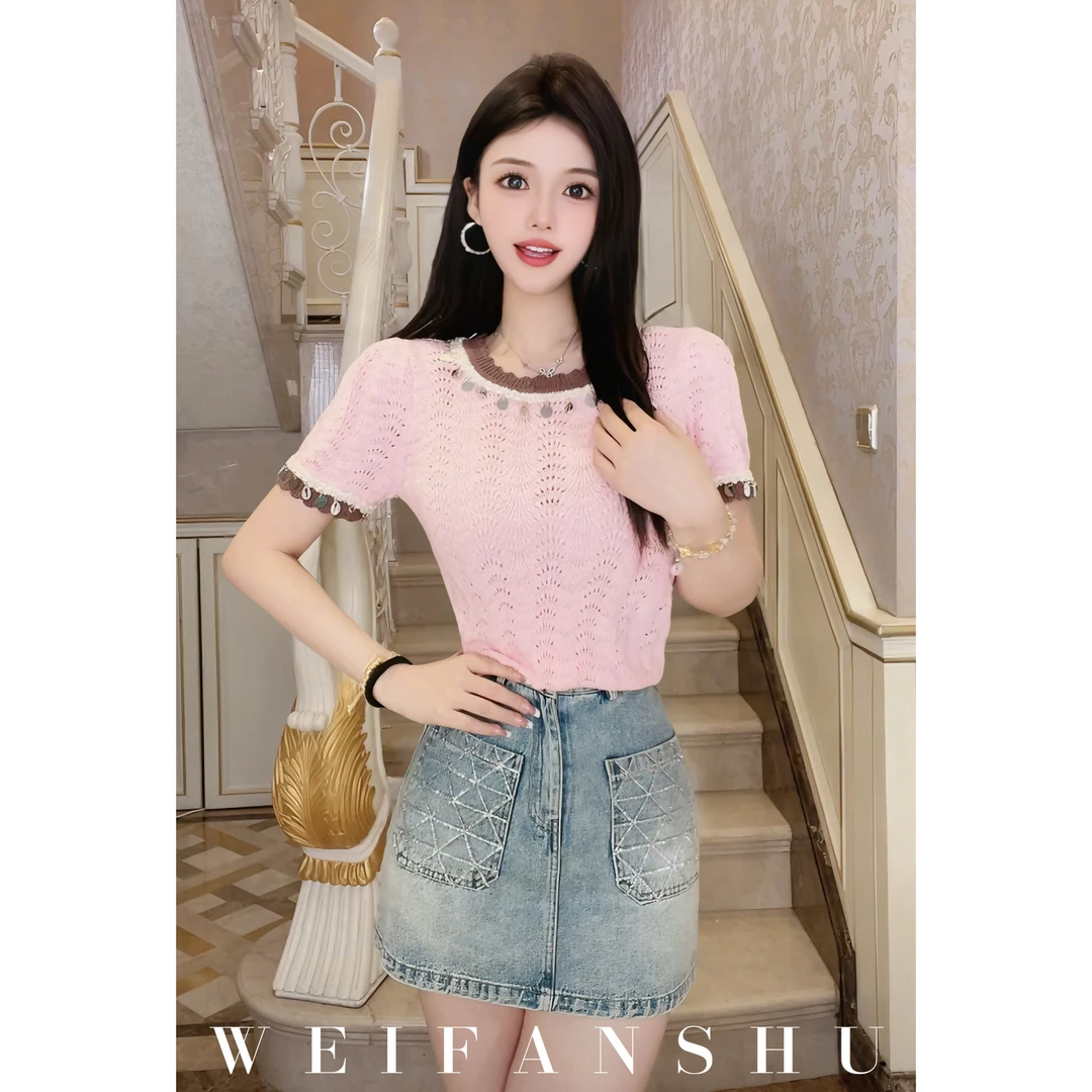 WEIFANSHU/魏凡舒【沉溺月光】夏季新款简约甜美圆领百搭T恤上衣