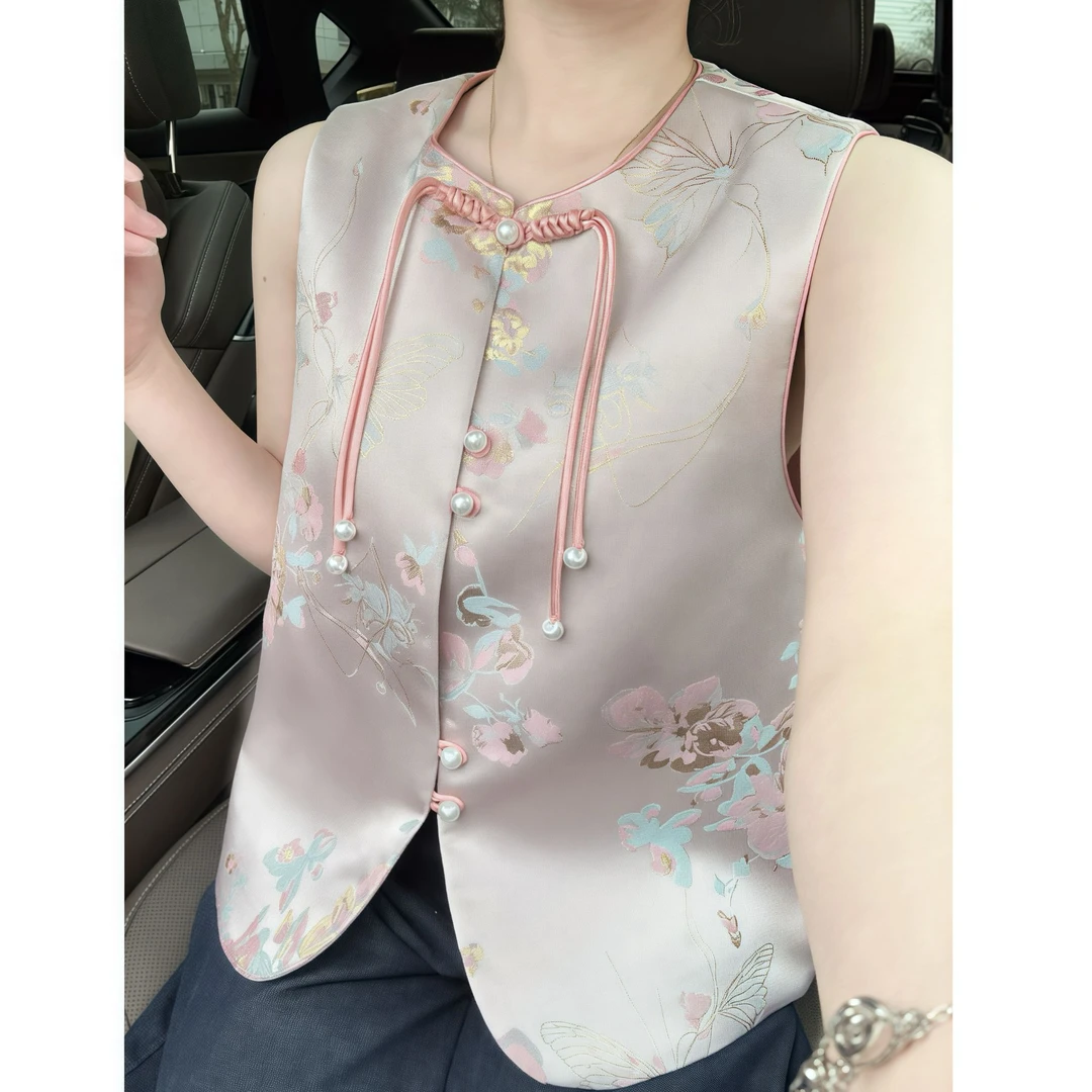 【粉玉兰】新款马甲女精致气质百搭织花蓝色无袖中式中国风设计感