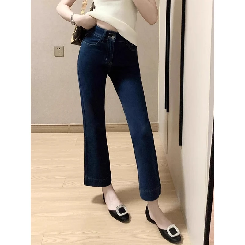 春季新款微喇蓝色直筒牛仔裤女大码胖妹妹mm显瘦弹力梨形身材裤子