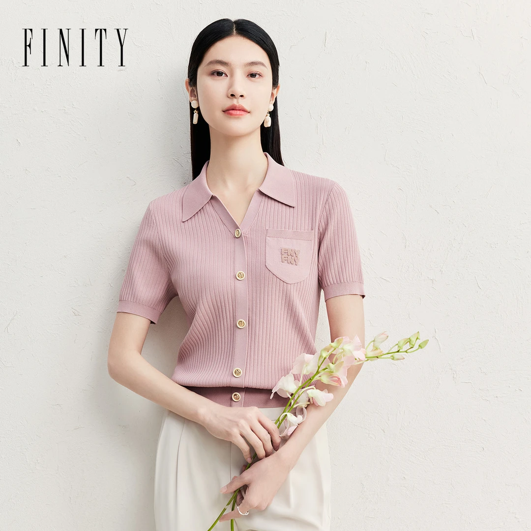 FINITY菲妮迪新款针织衫女气质时尚休闲百搭夏季春夏条纹翻领简约