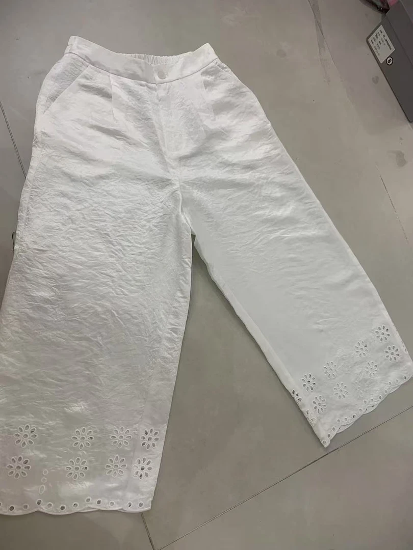 欧货重工刺绣镂空醋酸直筒休闲裤女法式通勤松紧腰阔腿裤九分裤