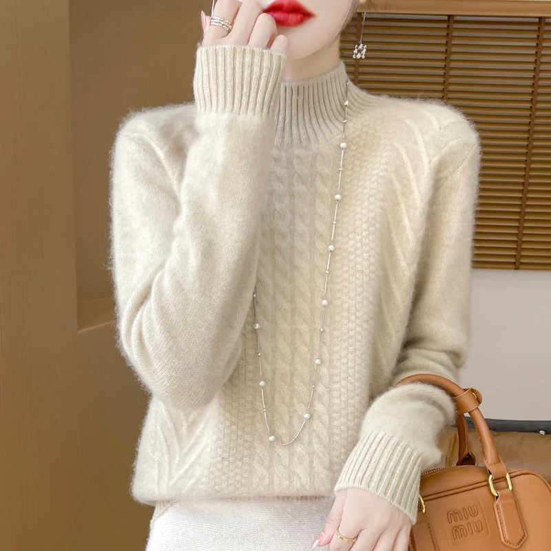 重磅羊绒衫!2025秋冬新款女加厚宽松针织毛衣半高领纯色扭花100%