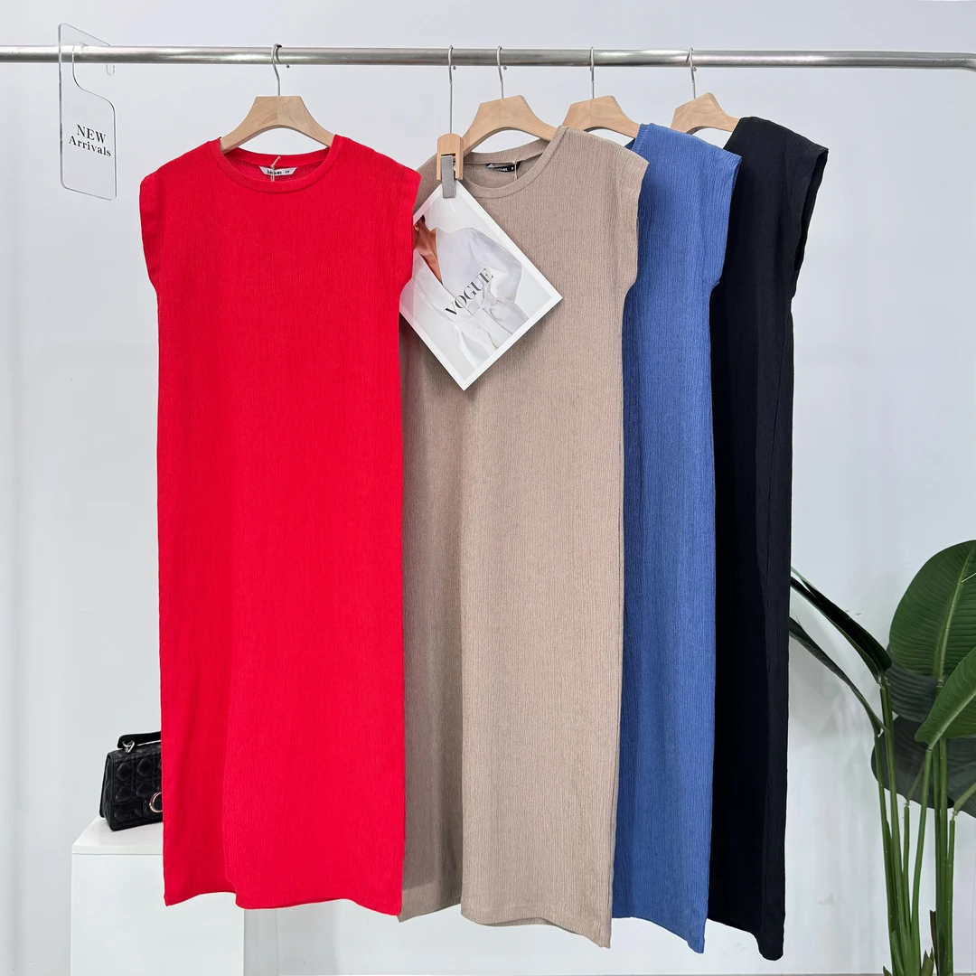 B345欧美时尚气质宽松纹理无袖女士裙子夏天连衣裙旗袍时尚长裙