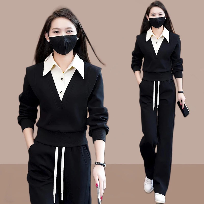 时尚休闲套装女2025春秋新款时髦洋气polo衬衫领上衣阔腿裤两件套