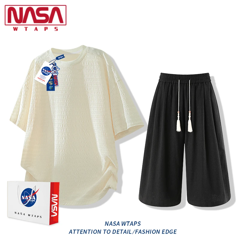 NASA WTAPS短袖t恤套装男款夏季薄款美式肌理感休闲七分裤一整套
