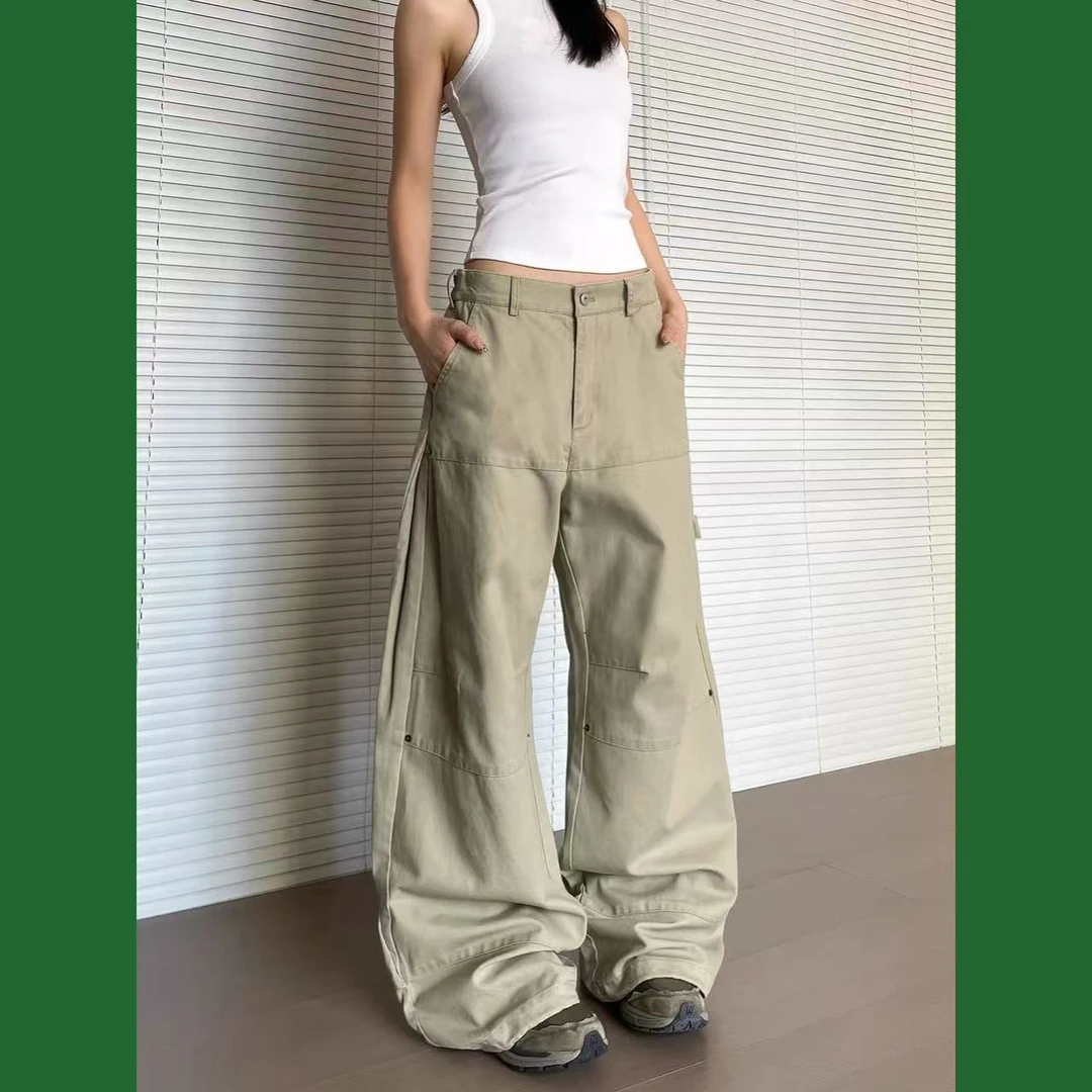 SHEEZ美式复古杏色褶皱阔腿工装裤女高级感宽松直筒堆积感裤子男