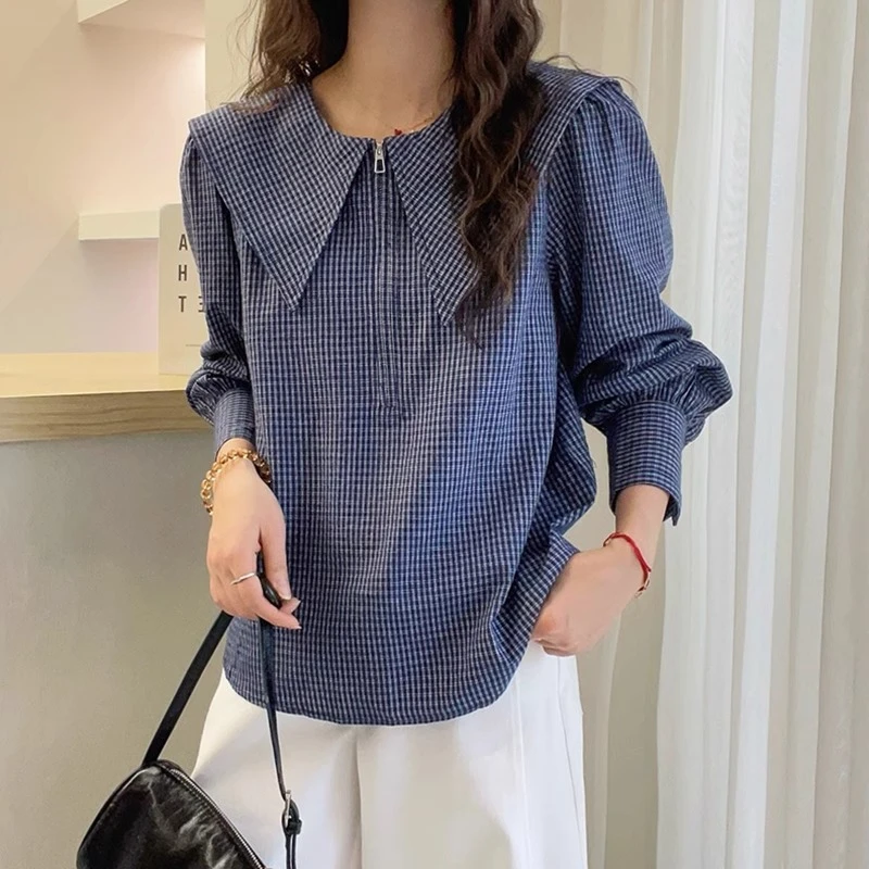 大码微胖妹妹海军领格子长袖衬衫女春季新款时尚百搭遮肉显瘦上衣