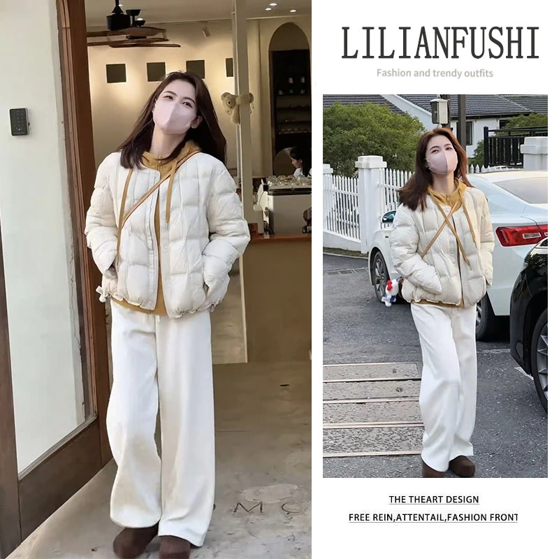 秋冬搭配2025新款纯色长袖棉服外套百搭连帽上衣显瘦阔腿裤三件套