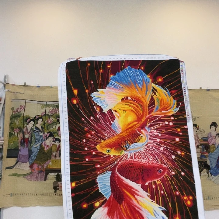 棉手工十字绣成品竖版锦鲤一米七