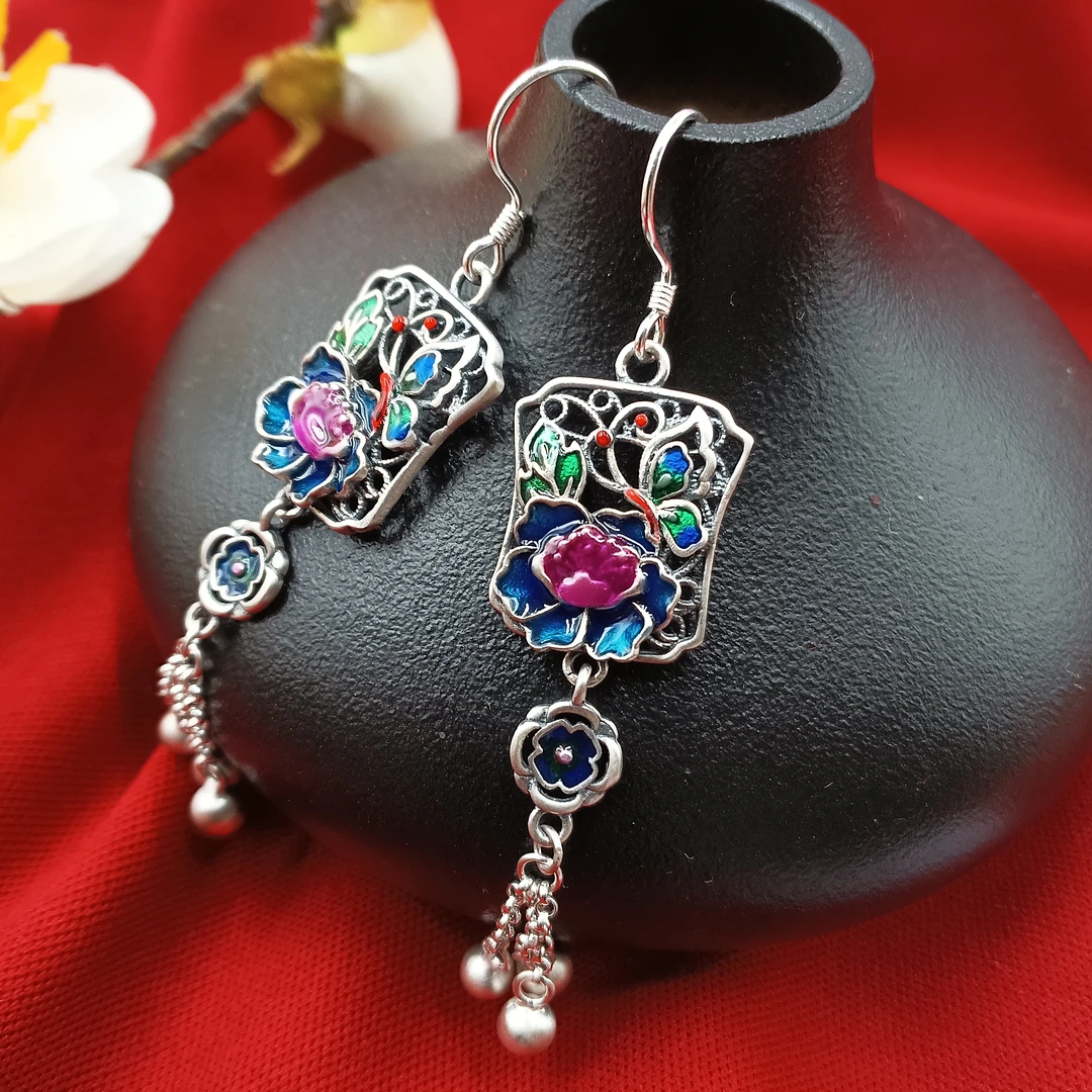 925银耳饰 【佰万银庄】民族风恋上蝴蝶牡丹花流苏款通用耳饰复古