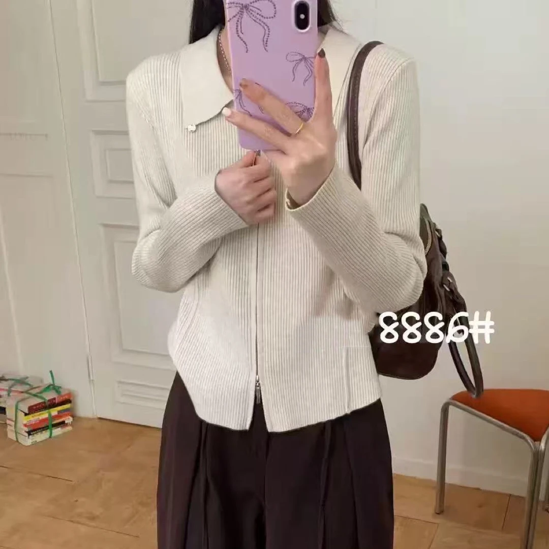 秋冬加厚双拉链翻领长袖针织开衫女通勤气质修身显瘦百搭打底上衣