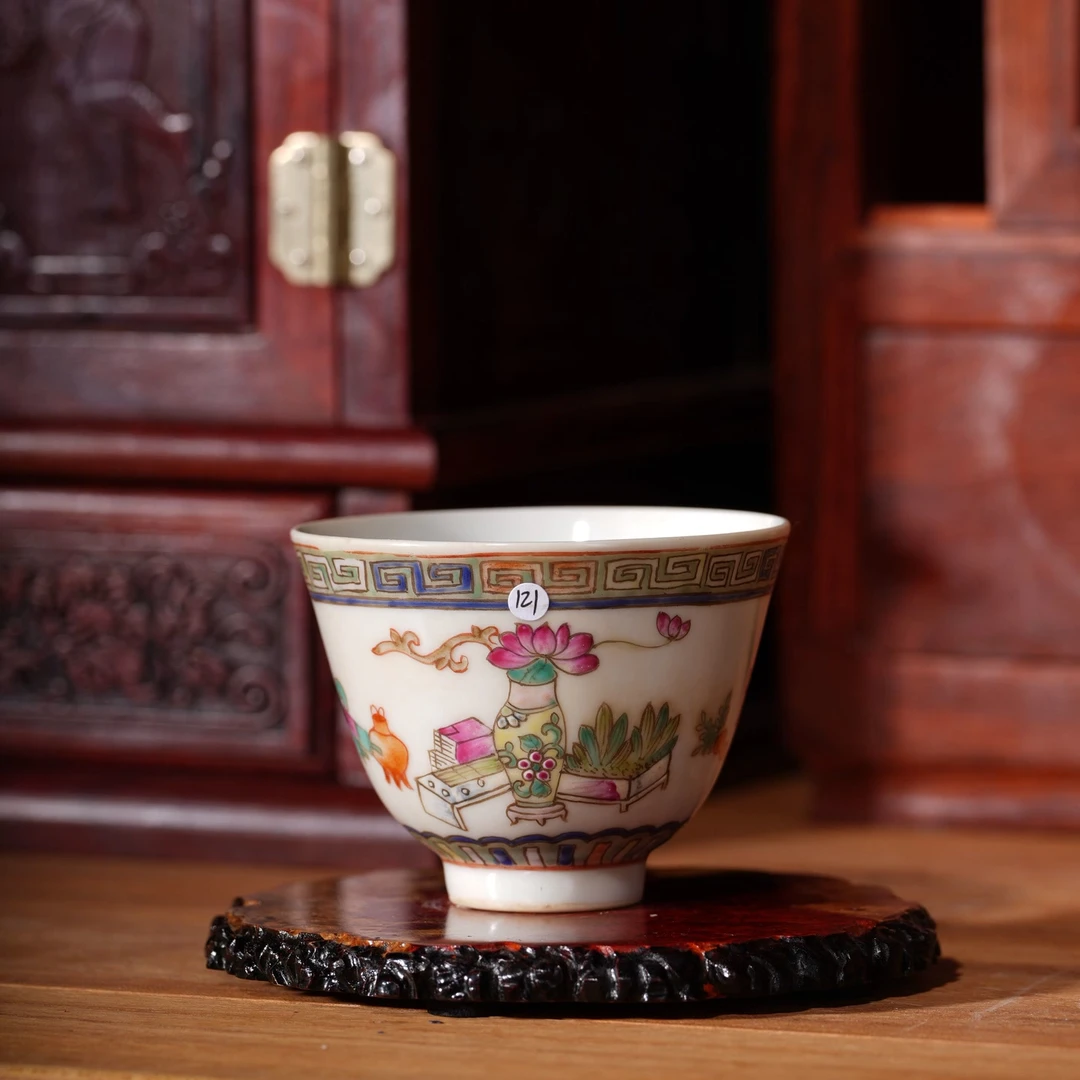 121清同治粉彩博古杯明清老瓷器仿古典家居书房摆件瓷器收藏