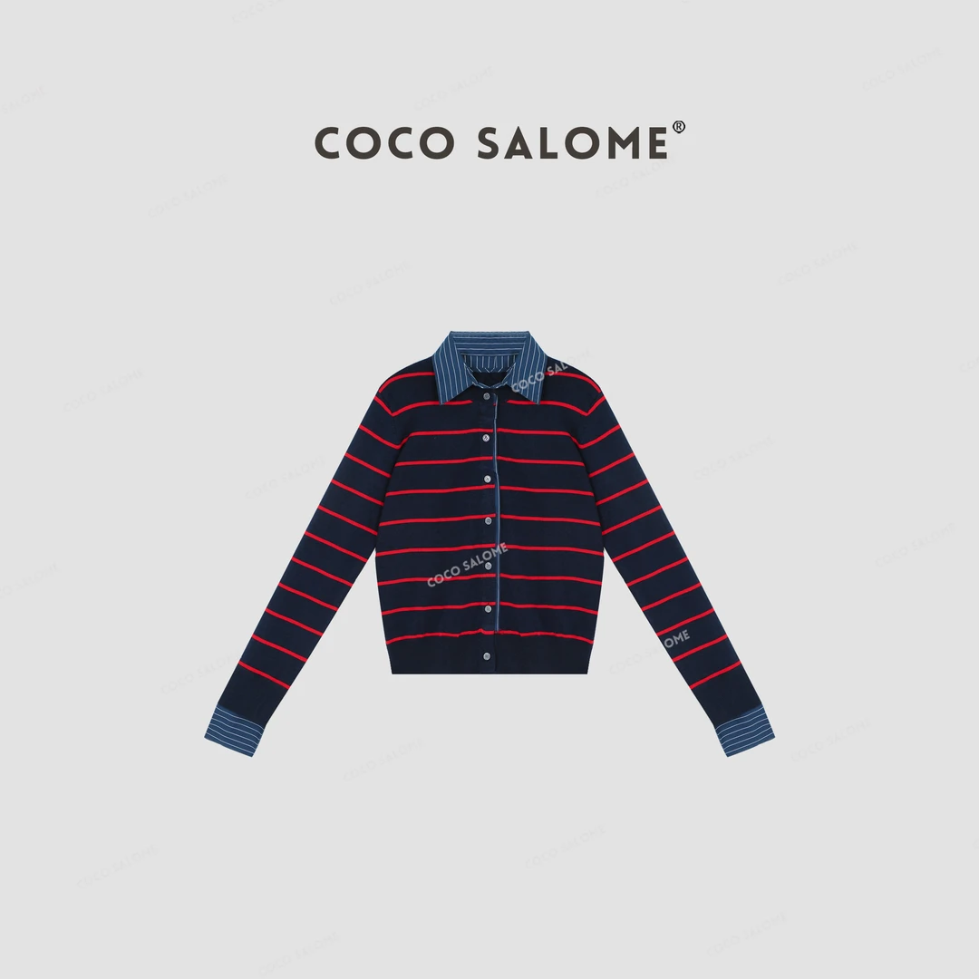COCO SALOME⑩【衬衫条纹】冬季女装假两件翻领针织毛衣衬衫311W