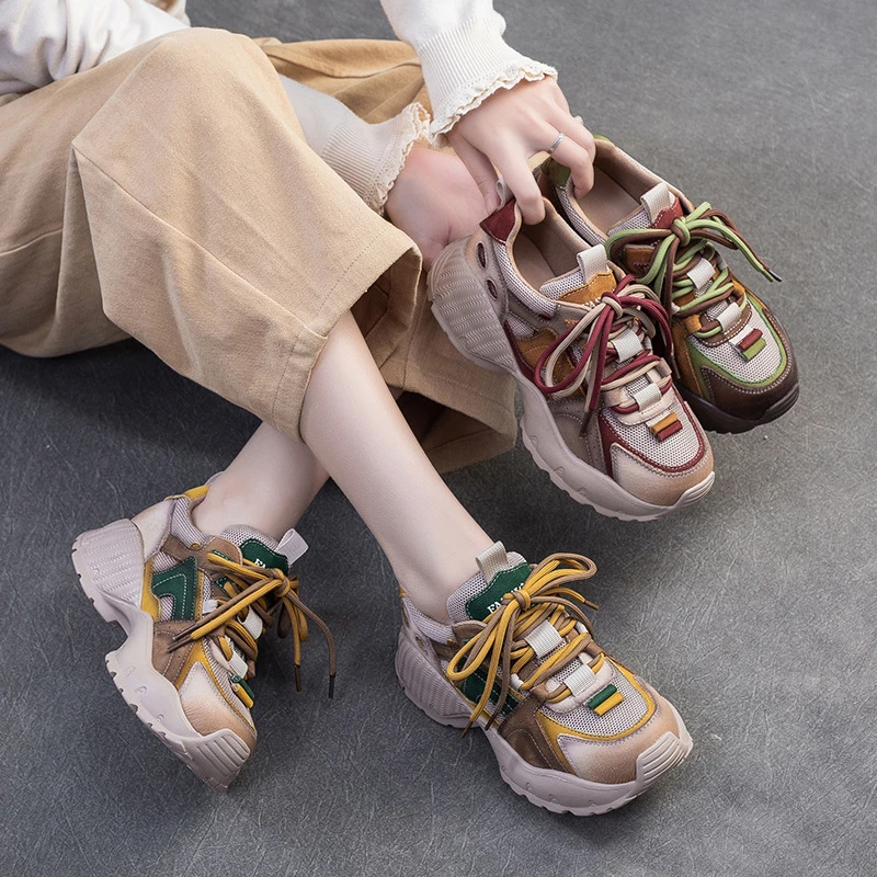 【恩祈新款-跟高4.5厘米】2025年四季款复古老爹鞋炸街时尚拼色女鞋