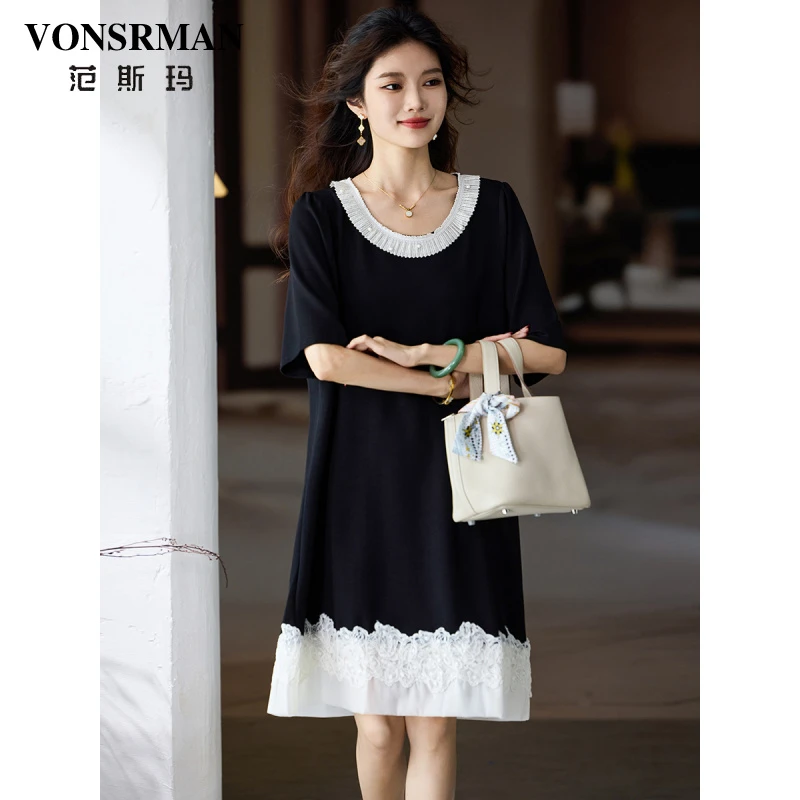 VONSRMAN时尚蕾丝钉珠连衣裙女夏季新款法式气质撞色宽松显瘦a字