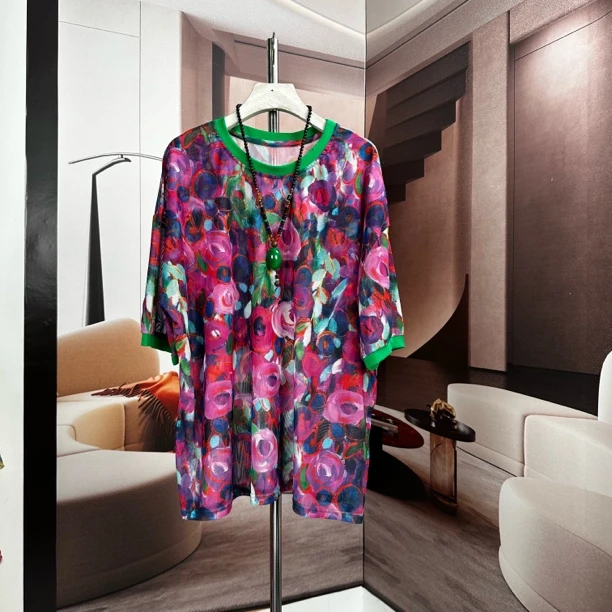 彩玫瑰2025夏季新款短袖冰丝T恤女装宽松时尚休闲防晒罩衫上衣