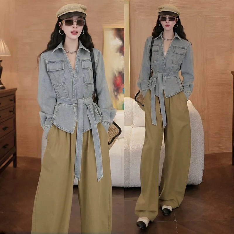 早春新款气质复古港风牛仔外套上衣女宽松休闲阔腿裤时尚两件套装