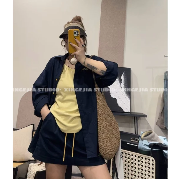 【欣哥】微胖大码 夏日 棉麻“衬衫➕短裙”两件套