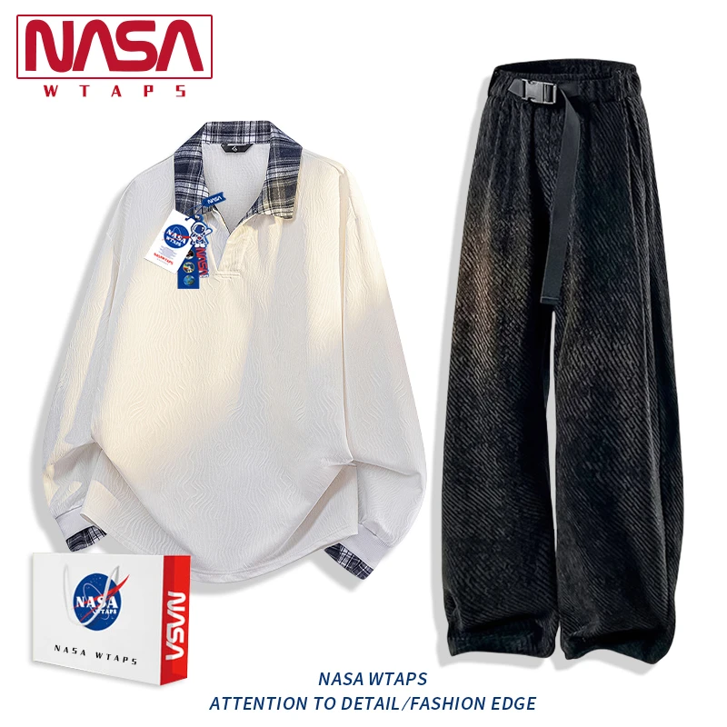 NASA WTAPS肌理感拼接长袖卫衣套装男士春秋季假两件POLO衫两件套