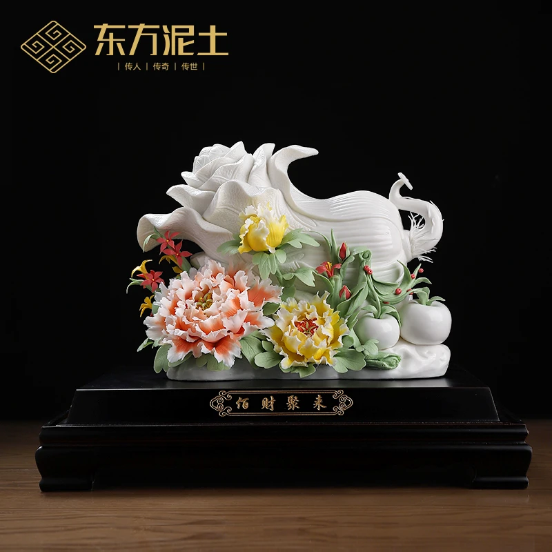 东方泥土佰财聚来白菜摆件陶瓷手捏牡丹瓷花客厅高端装饰乔迁礼品
