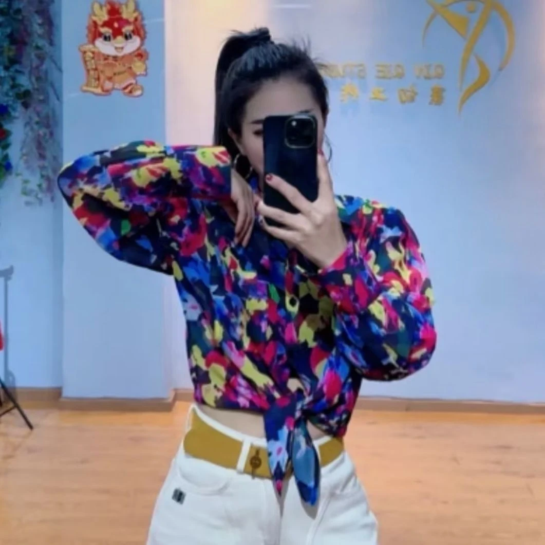 春季新品曳步舞跳舞广场舞3839款雪纺复古花衬衣富丽同款宽松衬衫