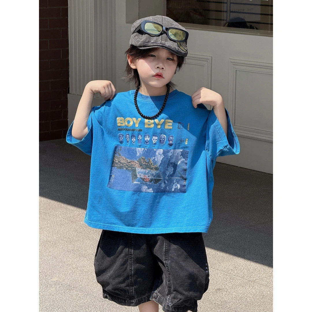 童装儿童T恤2025年夏季美式男童帅气印花休闲短袖上衣宽松洋气潮