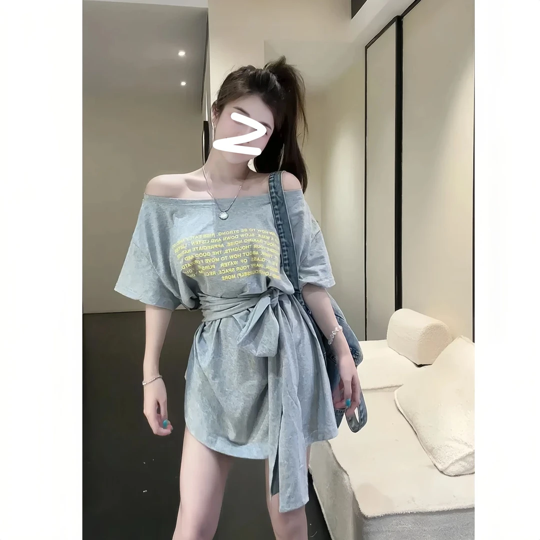 【运补6-8米】韩版印花一字肩绑带显瘦短袖T恤宽松慵懒风+圆领短袖