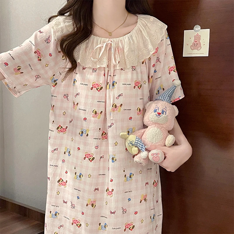 带胸垫粉色格子小狗睡衣女夏季薄款可爱公主风短袖睡裙2025家居服
