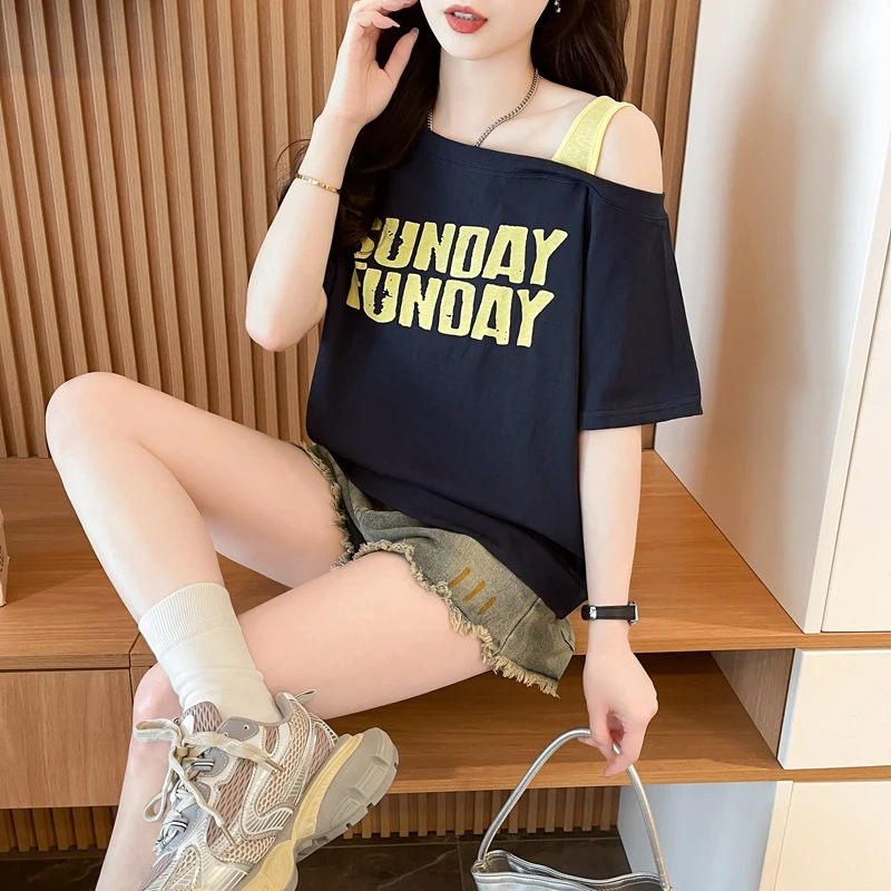 宽松慵懒风短袖T恤女夏季爆款韩版大码显瘦时尚拼接撞色纯棉上衣
