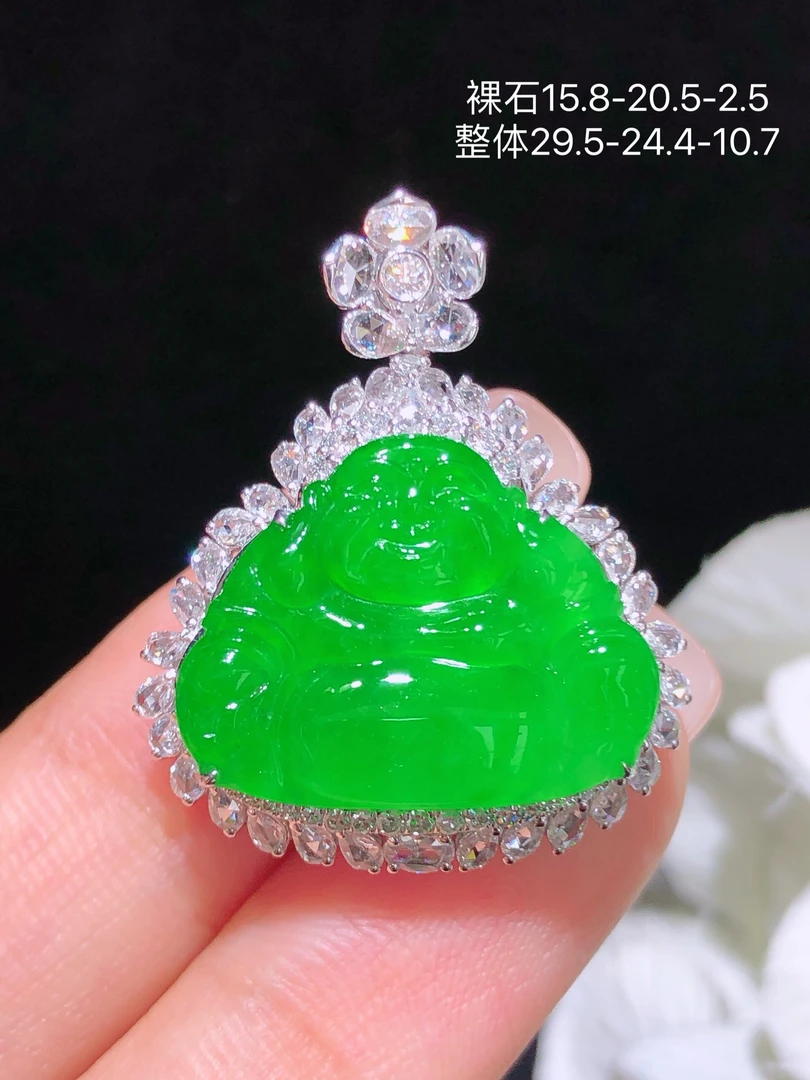 天然缅甸翡翠A货阳绿佛公吊坠18k金镶钻