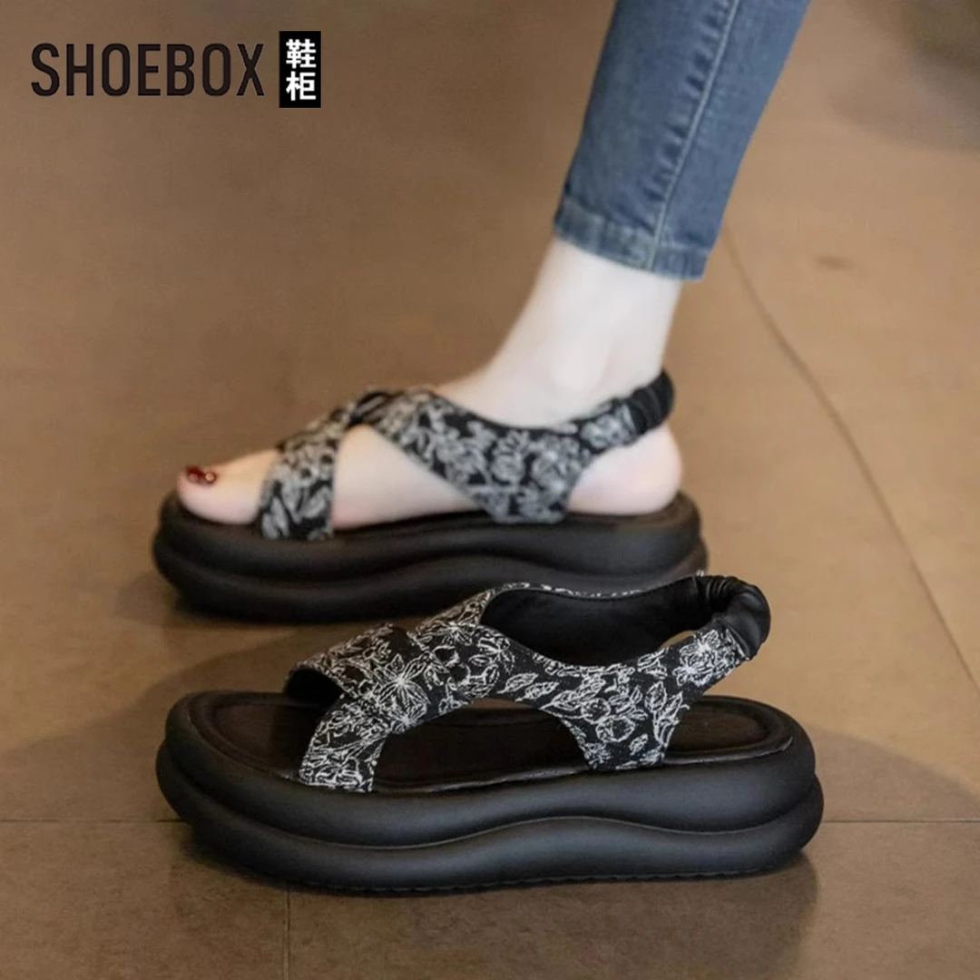 SHOEBOX鞋柜绝美厚底凉鞋女夏季2025新款中式国风休闲罗马沙滩鞋