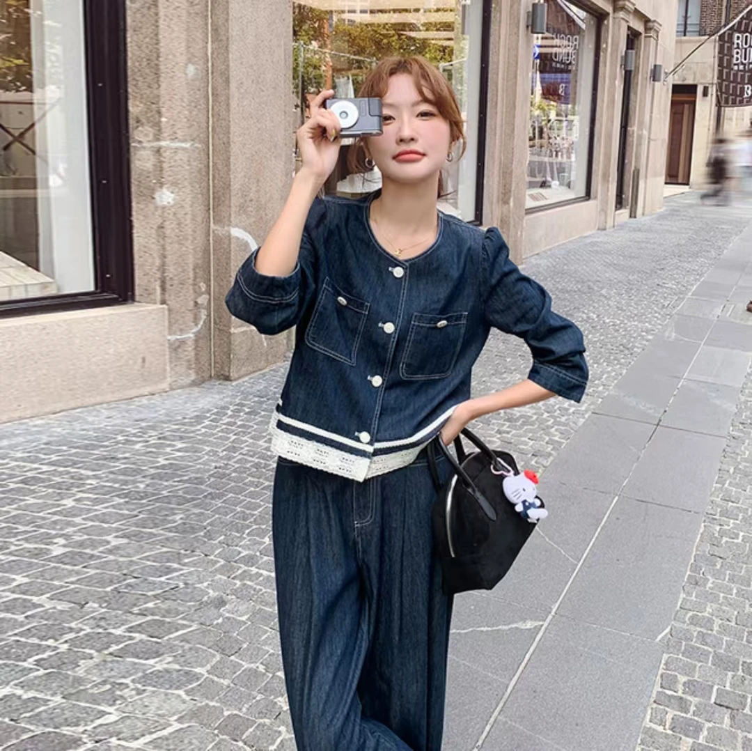 花边拼接牛仔套装女欧洲站春季新款圆领长袖外套阔腿裤两件套YY06