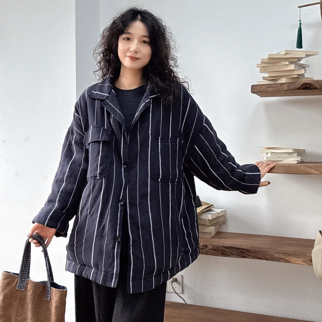 冬季新款宽松型棉衣外套大衣条纹色织亚麻翻领休闲秋冬棉服9585