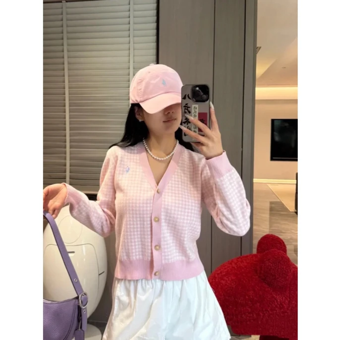 917-3# 小马刺绣大童女款 粉白格子开衫